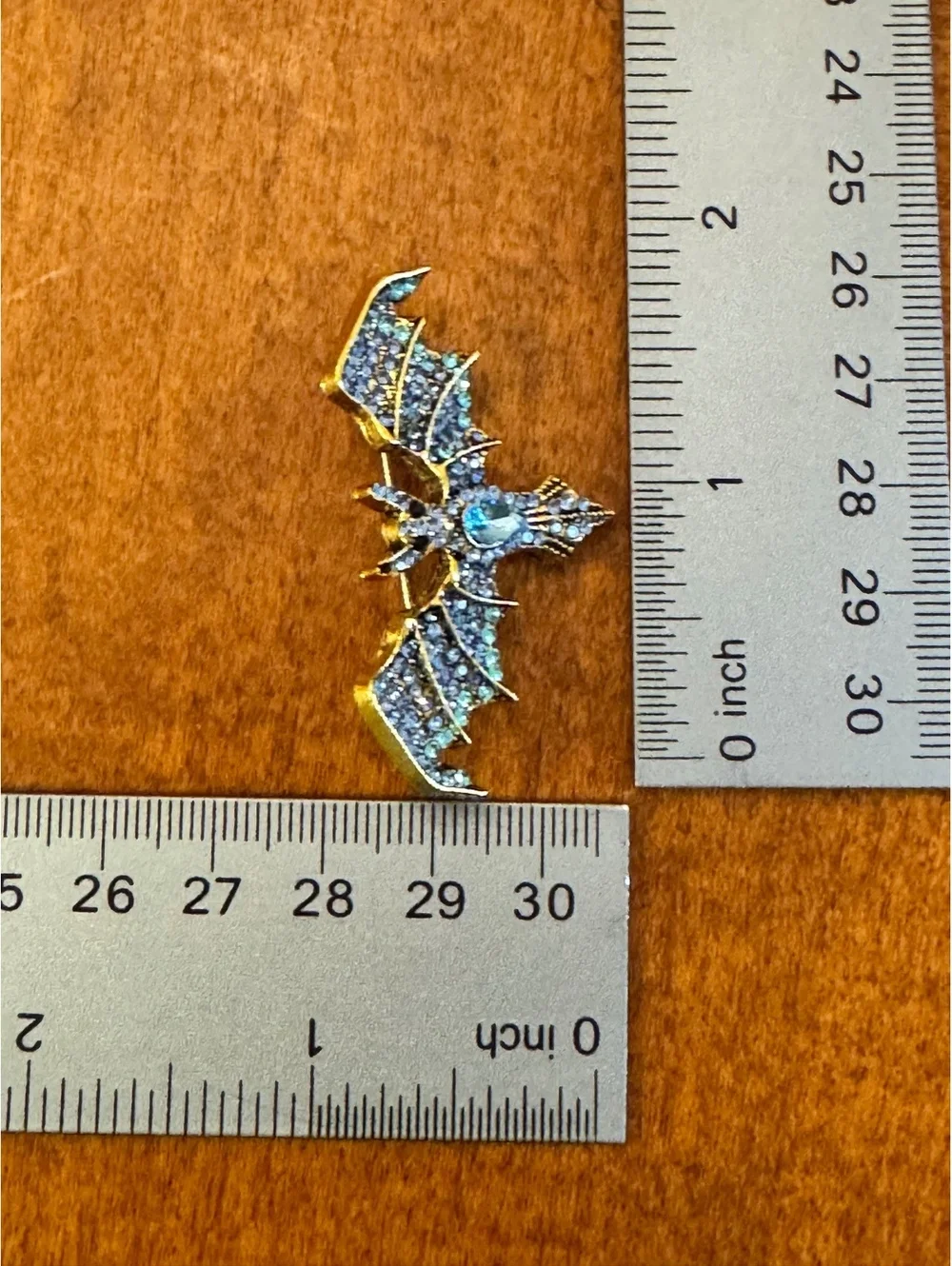Vintage Blue Rhinestone Bat Brooch Pin with Gold Tone Metal 392